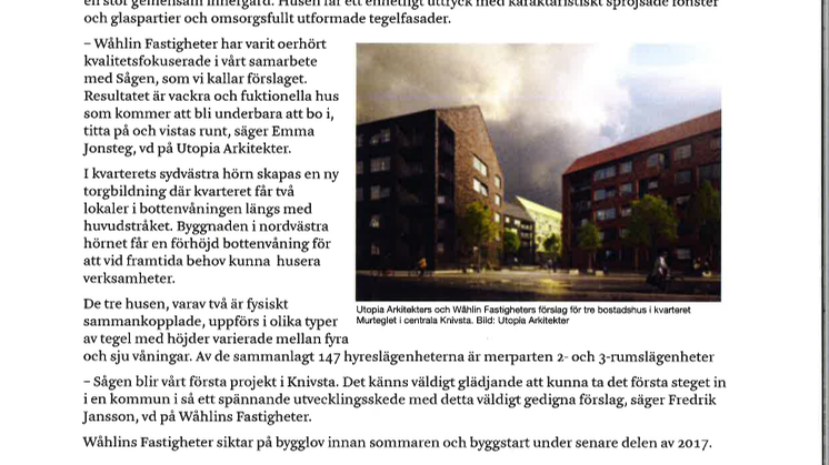 Klart för Wåhlin och Utopias bostadshus i Knivsta