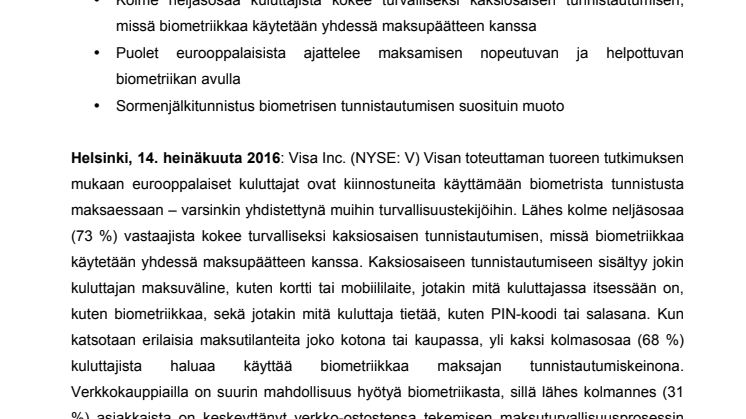 Eurooppalaiset kuluttajat valmiita käyttämään biometrista tunnistautumista maksujen varmentamisessa