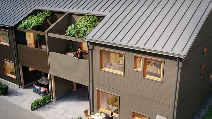 3D illustration över entrésidan - Elins Trädgårdskvarter