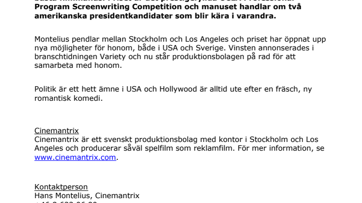 Hans Montelius vinner pris för bästa filmmanus