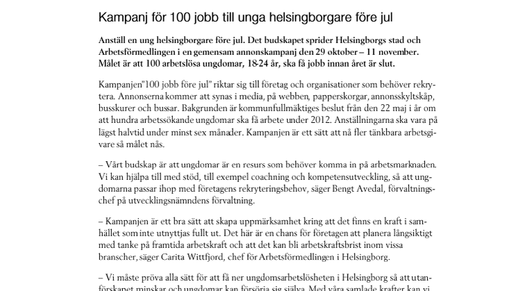 Kampanj för 100 jobb till unga helsingborgare före jul