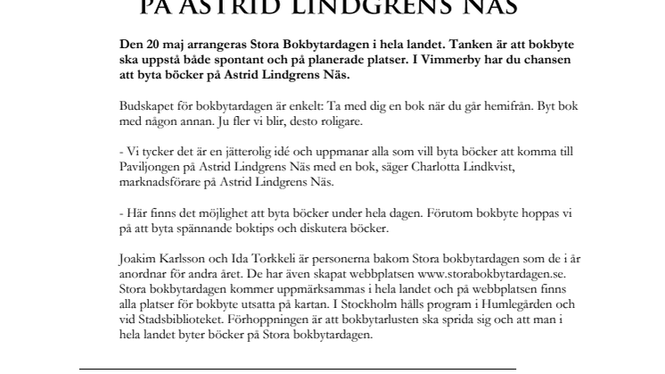 Stora bokbytardagen 20 maj på Astrid Lindgrens Näs