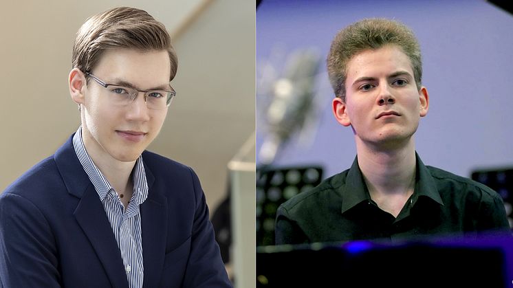 Roman Fediurko från Kiev och Anton Bondarenko från Zaporizjzja mottar sina stipendier vid en konsert i Västerlövsta kyrka den 4 maj. 