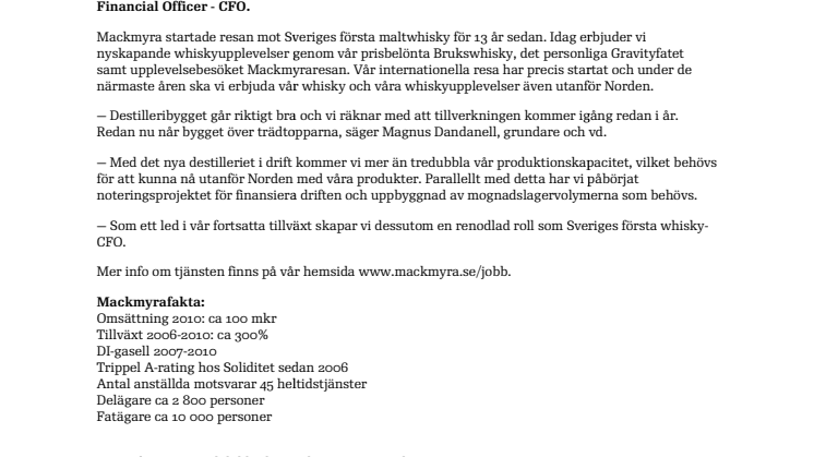 Svensk whisky till börsen under 2011 – Mackmyra söker nu Sveriges första whisky-CFO