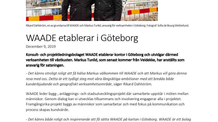 WAADE etablerar verksamhet i Göteborg