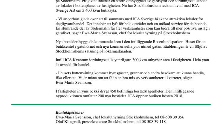 Stockholmshem har tecknat avtal med ICA om Kvantumbutik på Söder