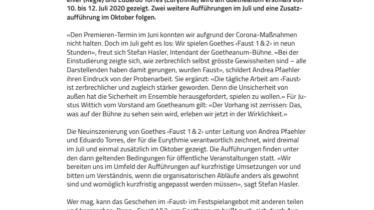 «Wir spielen»: Die Goetheanum-Bühne zeigt 2020 viermal Goethes ‹Faust 1 & 2› in der Neuinszenierung von Andrea Pfaehler und Eduardo Torres