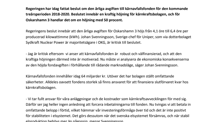 50 procents höjning för Oskarshamn 3 med ny avgift till kärnavfallsfonden 