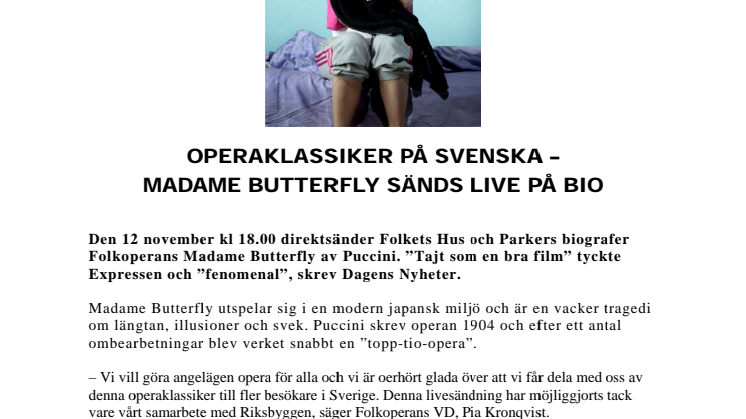 Operaklassiker på svenska - Madame Butterfly sänds live på bio