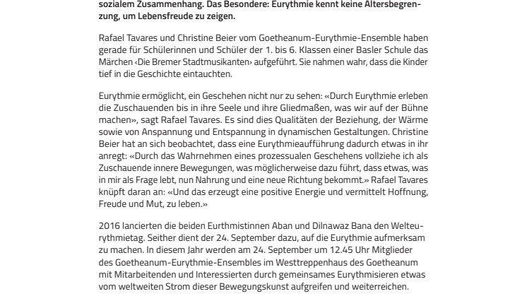 «Freude und Mut, zu leben». ​Am 24. September ist Welteurythmietag