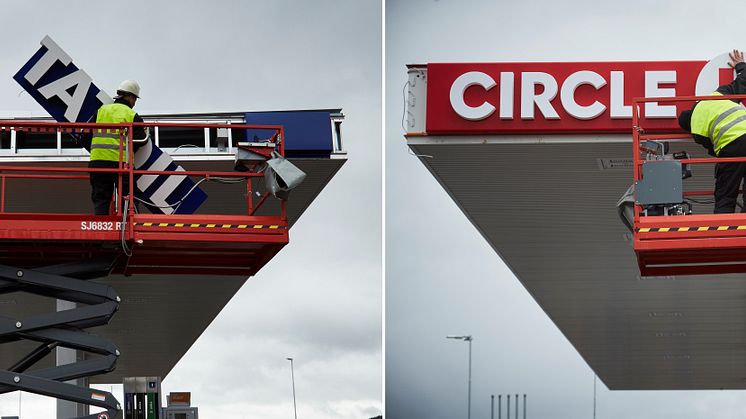 Fotograf: Olle Melkerhed. Här byts skyltarna på Circle K Sundsvall E4 Syd, den sista Statoilstationen som nu blivit Circle K.
