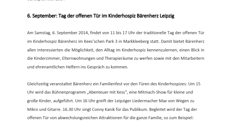 6. September: Tag der offenen Tür im Kinderhospiz Bärenherz Leipzig