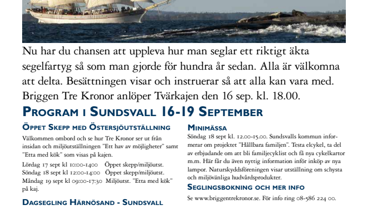 Hållbara Hav och briggen Tre Kronor gästar Sundsvall 16-19 september