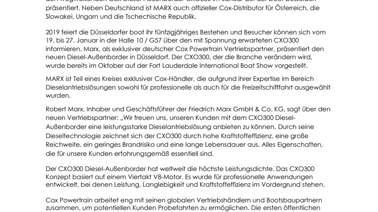Cox Powertrain: Der Cox Deutschland Distributor, MARX, Präsentiert Den Neuen CXO300 Auf Der Boot Düsseldorf