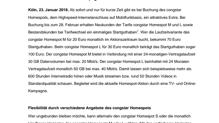 congstar Homespot jetzt mit bis zu 100 Euro Startguthaben - Aktuelle TV- und Online-Kampagne zur innovativen DSL-Alternative