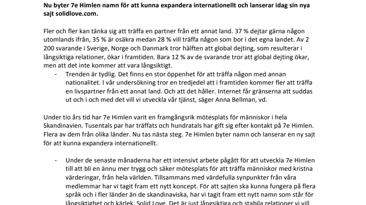 7e Himlen blir Solid Love - nytt varumärke för ökad global dejting 
