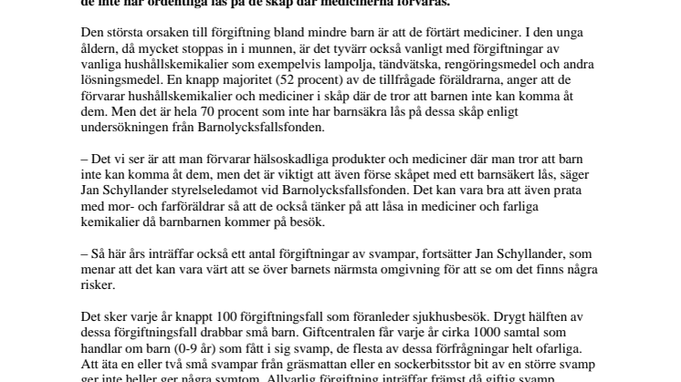Fyra av fem mindre barn som förgiftats, har blivit förgiftade av mediciner eller andra kemikalier