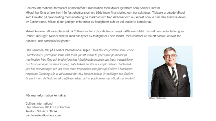 Mikael Igelström till Colliers International