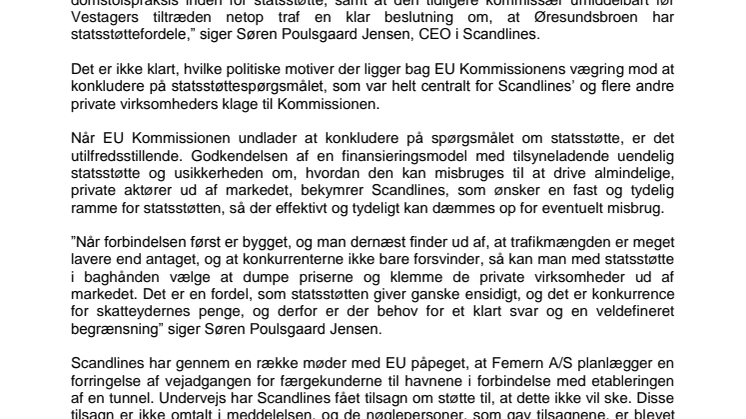Scandlines: EU tager ikke stilling til statsstøttespørgsmålet