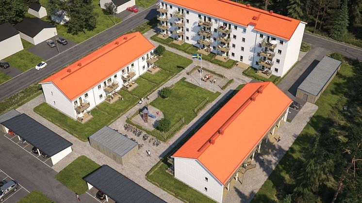 Översiktsillustration av det nya kvarteret BoKlok Polarnatten i Gällivare. 