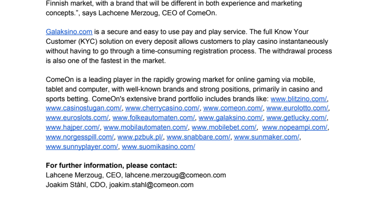 ComeOn launches Galaksino.com in Finland – a casino with faster withdrawals