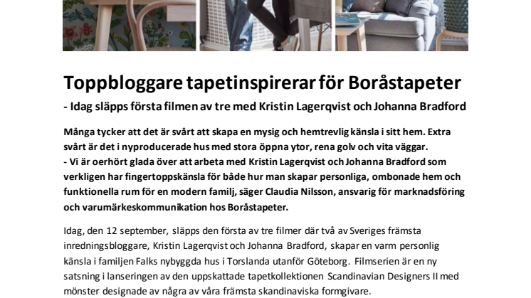 ​Toppbloggare tapetinspirerar för Boråstapeter - Idag släpps första filmen av tre med Kristin Lagerqvist och Johanna Bradford