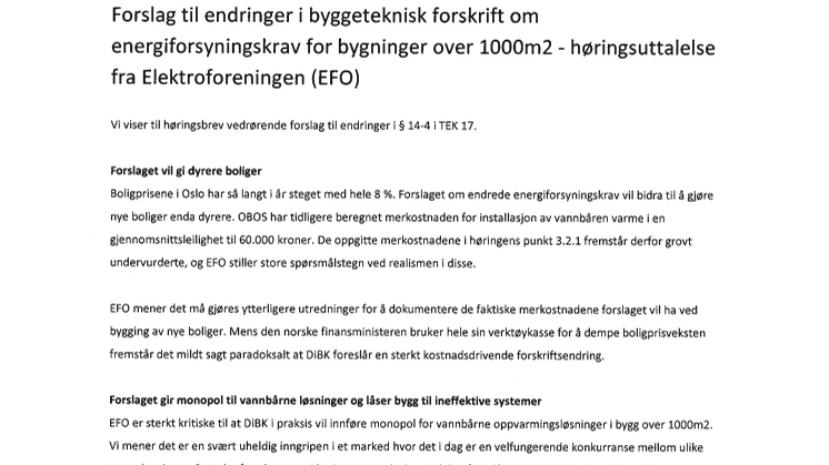 EFOs høringsuttalelse til DiBK