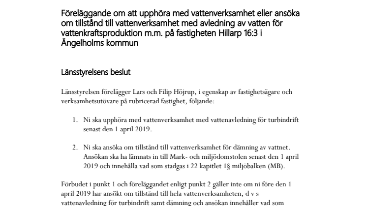 Länsstyrelsens beslut för kraftverket i Rössjöfors