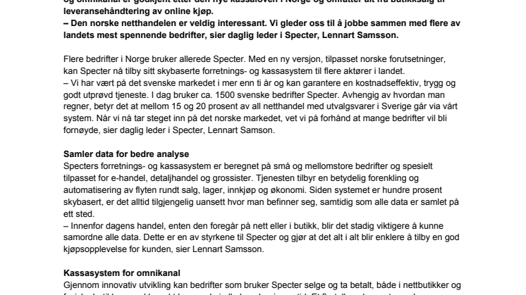 Svenska Specters molnbaserade affärs- och kassasystem lanseras i Norge