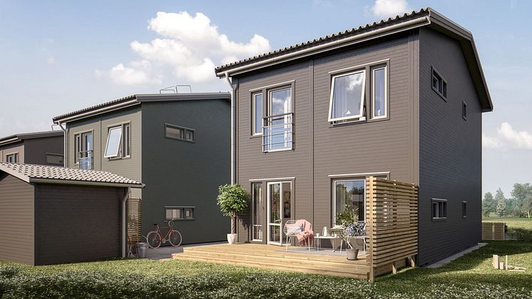 Brf Skriftställaren - 3D-bild av baksida friliggande hus