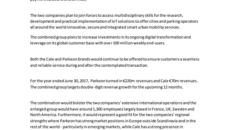 Parkeon and Cale entered into exclusive negotiations to become the world leader in urban mobility technology
