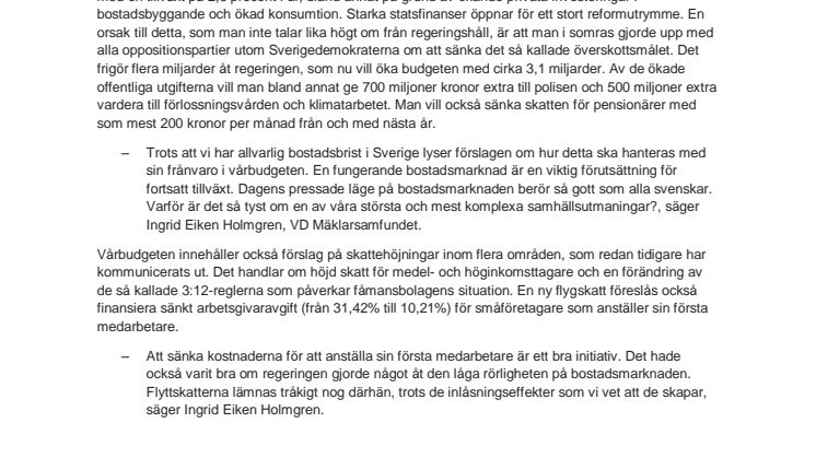 Mäklarsamfundet om vårbudgeten 2017