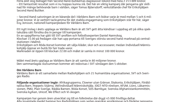 Erikshjälpen skänker dagskassor till Världens Barn