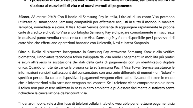 Samsung Pay ora disponibile per i clienti Visa in Italia