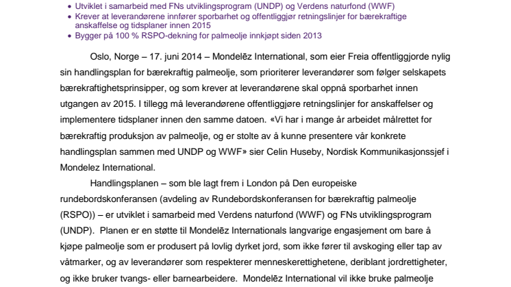 Mondelēz International deler handlingsplan for bærekraftig palmeolje