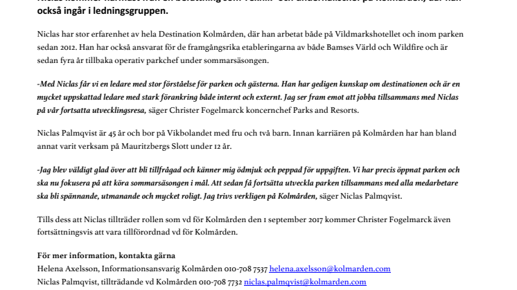 Niclas Palmqvist ny vd för Kolmården