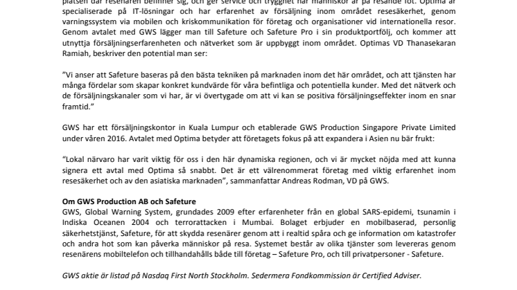 GWS’ Singaporebaserade dotterbolag ingår avtal med Optima infosystems Sdn Bhd