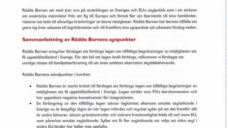Uttalande med anledning av Rädda Barnens yttrande över förlängningen av den tillfälliga lagen