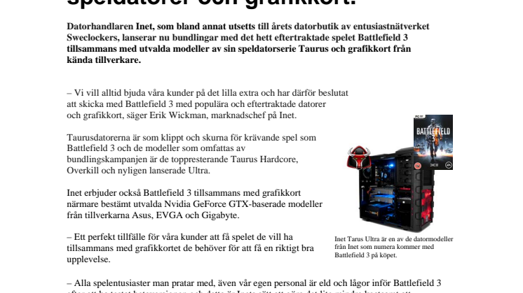 Inet skickar med Battlefield 3 tillsammans med utvalda speldatorer och grafikkort.