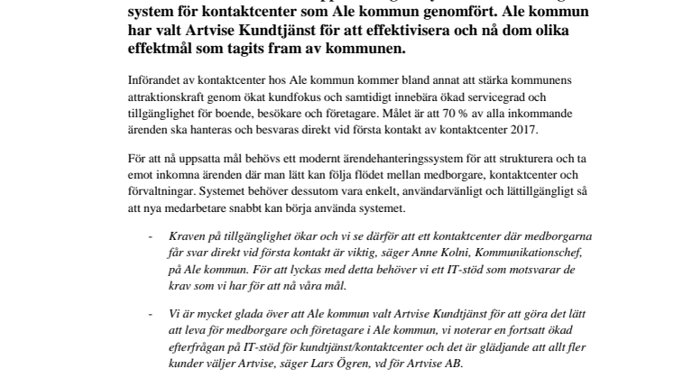 Artvise AB får order av Ale kommun gällande Artvise Kundtjänst!