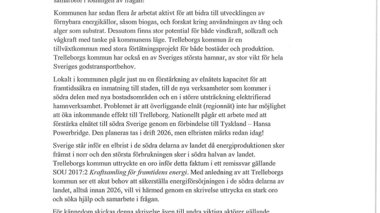 Skrivelse från Trelleborgs kommun