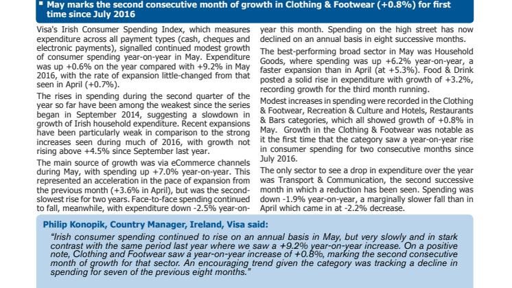 Continued slowdown in growth of Irish consumer spending with just +0.6% increase year-on-year in May