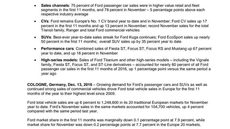 Ford Delivers Best November Year-to-Date Sales Since 2009 Driven by Growth in Commercial Vehicles, Passenger Cars