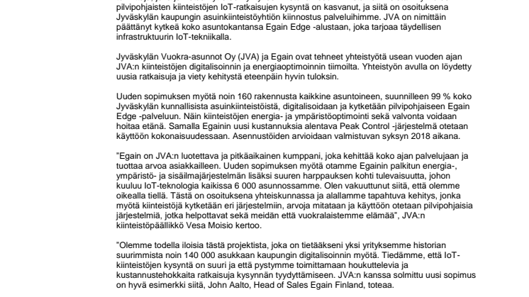 Egainilla on edessään yrityksen historian suurin IoT-projekti, kun Jyväskylän kaupunki kytketään Egain Edge -palveluun
