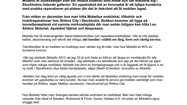 Snart öppnar Mobello butik med mobilreparationer hos Åhléns City.