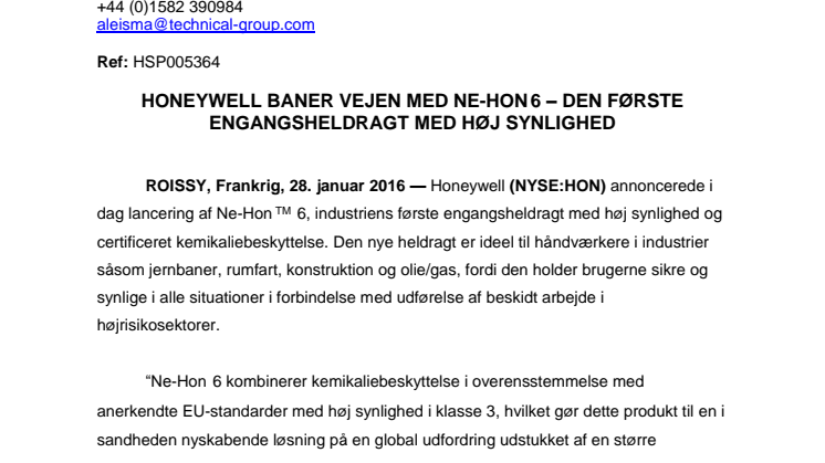Honeywell baner vejen med Ne-Hon 6 – den første engangsheldragt med høj synlighed