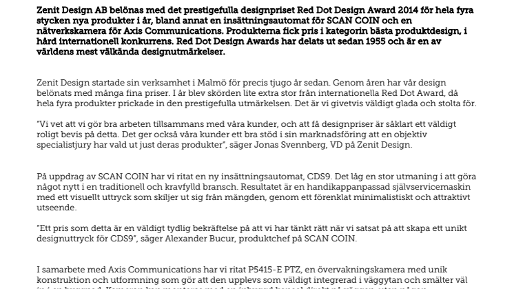 Zenit Design tilldelas i år fyra Red Dot Design Awards!