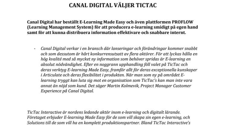 Canal Digital väljer TicTac