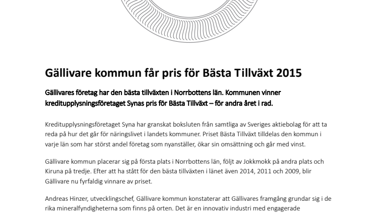 Gällivare kommun får pris för Bästa Tillväxt 2015