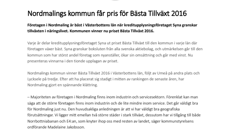 Nordmalings kommun får pris för Bästa Tillväxt 2016